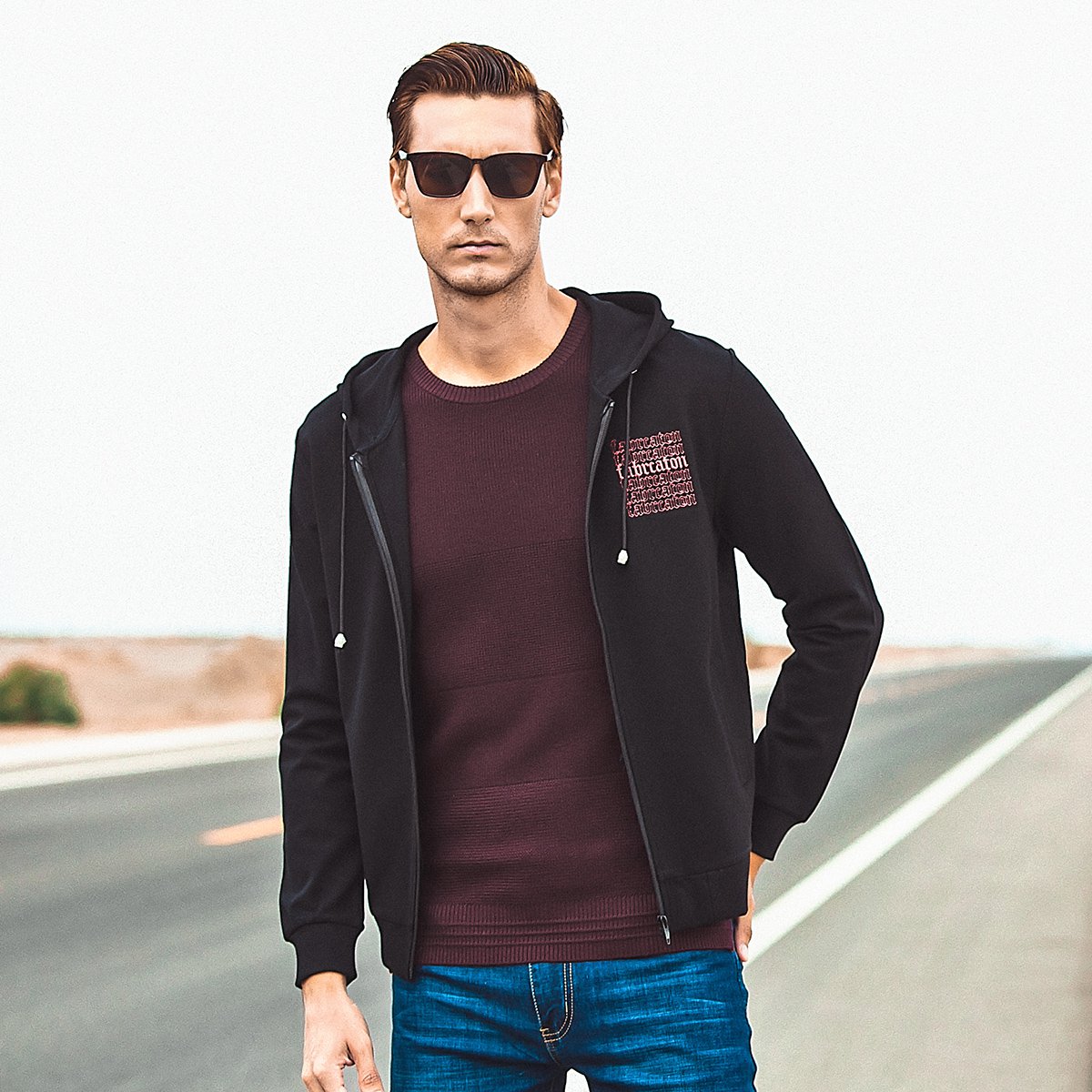 2018秋冬新款男士抽绳连帽修身保暖防水拉链商务休闲男卫衣