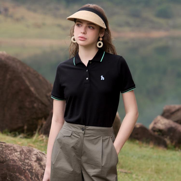 Hazzys 春夏女polo领纯色简约百搭女t恤衫 In Black