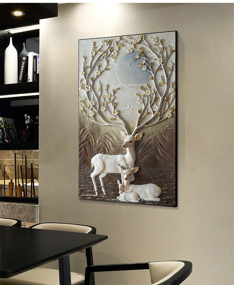 红叶鹿家 竖版玄关装饰画客厅过道壁画立体浮雕画冷水瓷高档发财鹿