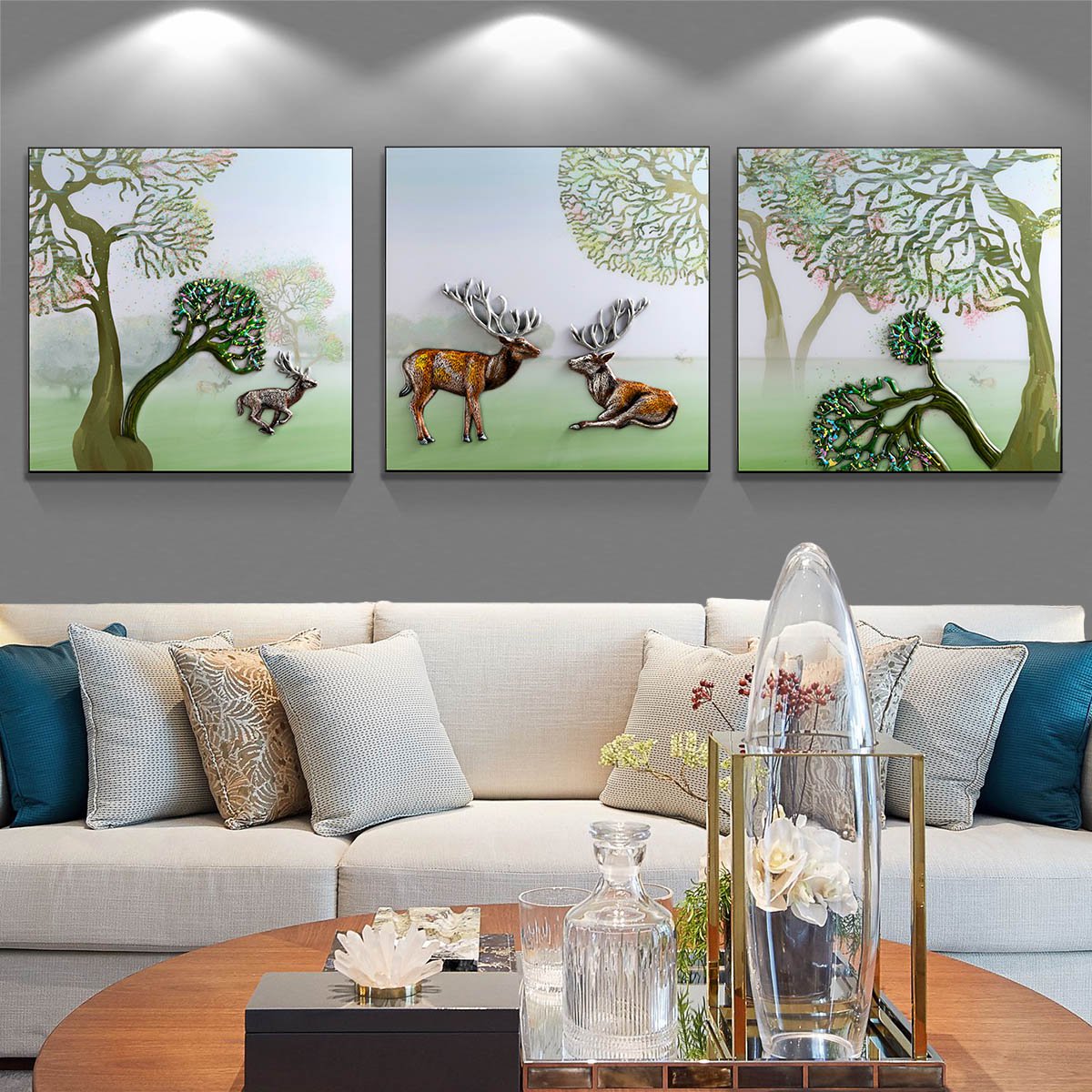 发财福鹿 北欧餐厅玄关挂画60*60cm三幅现代麋鹿客厅装饰画