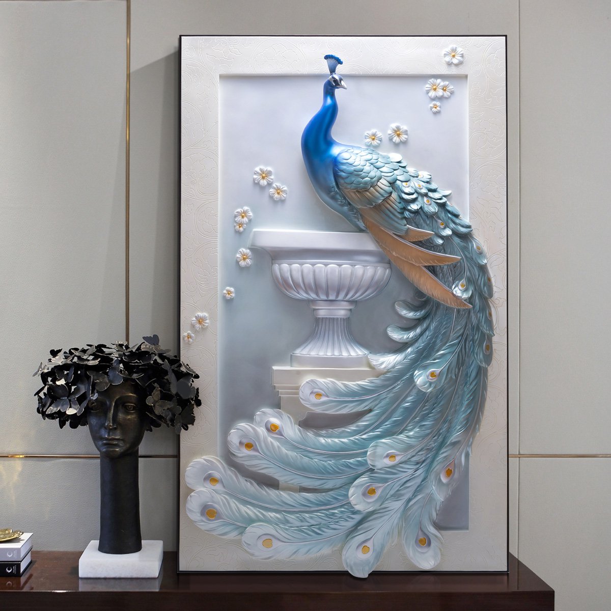 吉祥鸿运 玄关过道竖版82*134cm单幅壁画孔雀3d现代简约客厅立体浮雕