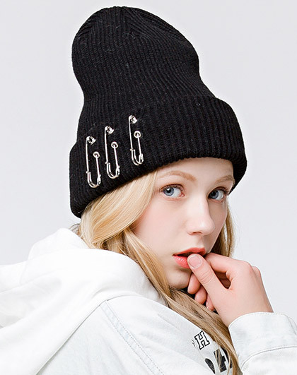 帽子女秋天韩版潮时尚别针毛线针织帽高**尖帽情侣套头冷帽