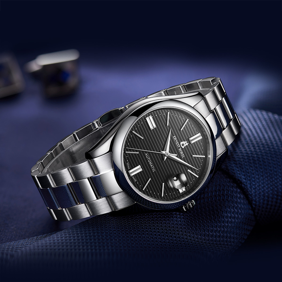 豪爽系列男表黑盘钢带商务休闲高档瑞士自动机械男士手表