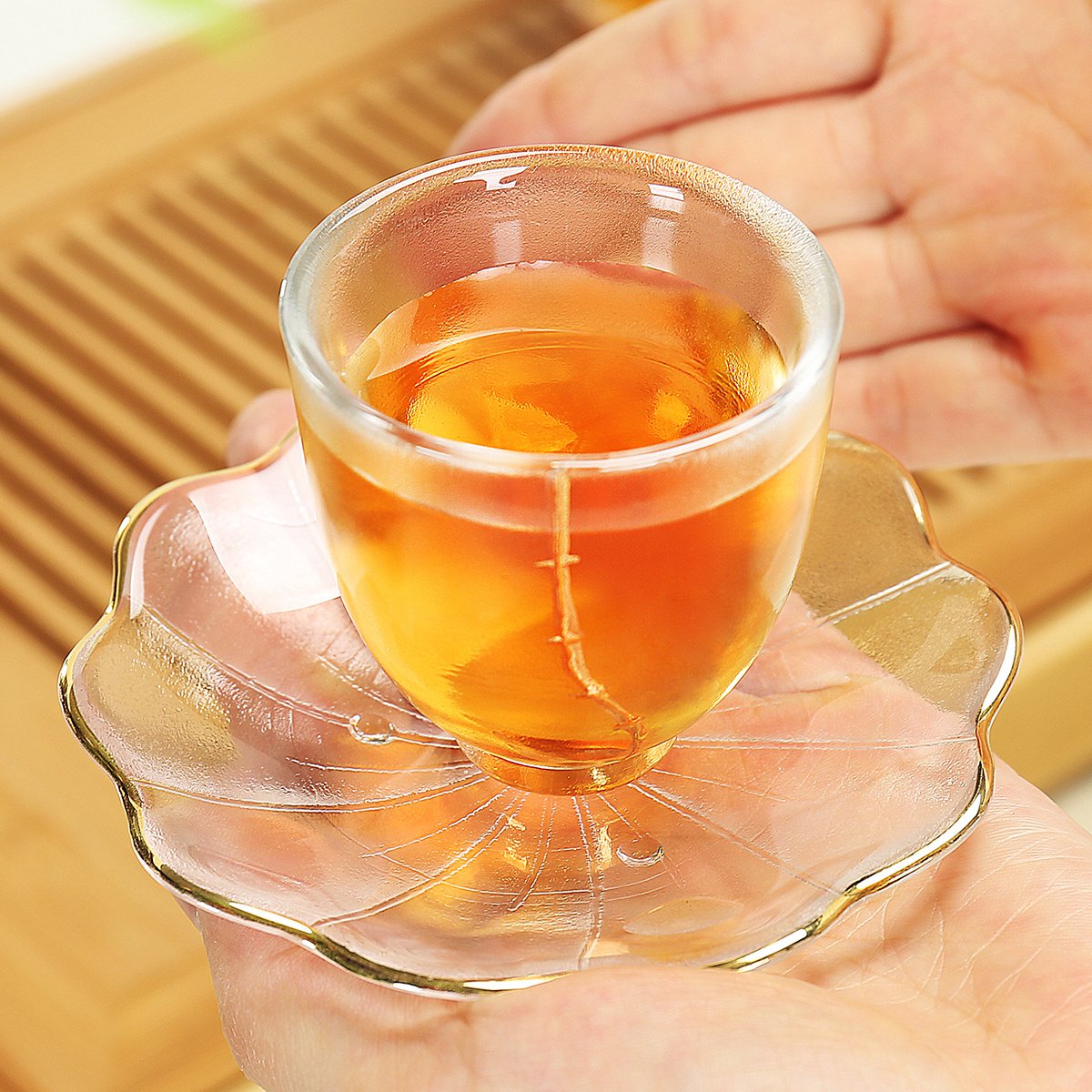 高硼硅磨砂耐热玻璃金缮枫叶杯碟套装品茗杯茶杯套装(容量约50ml)