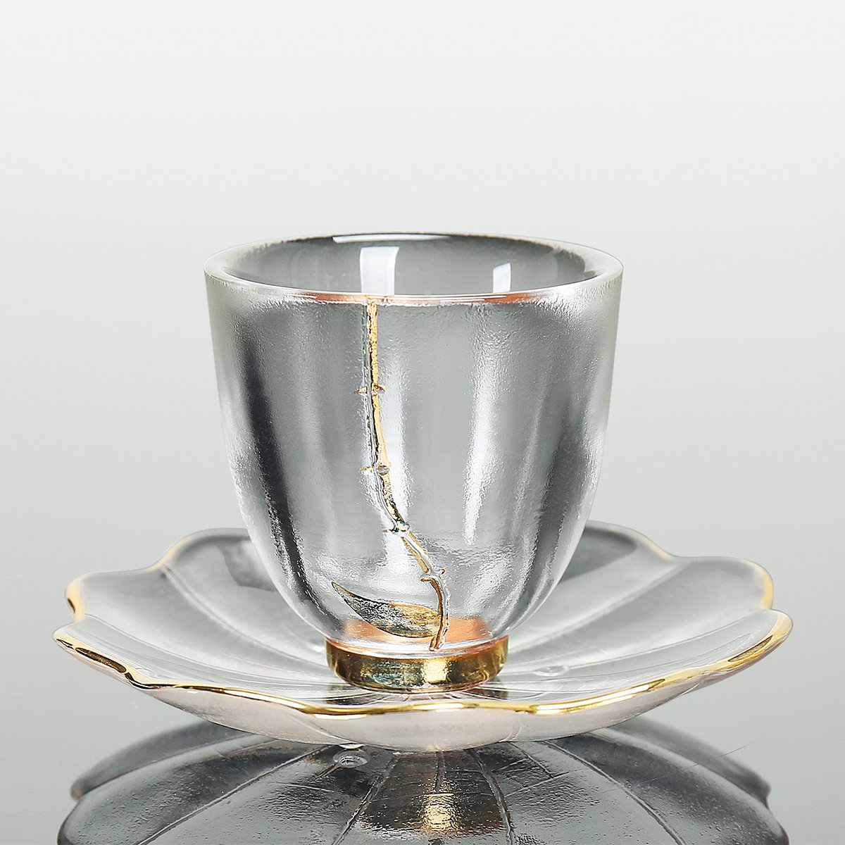 高硼硅磨砂耐热玻璃金缮枫叶杯碟套装品茗杯茶杯套装(容量约50ml)