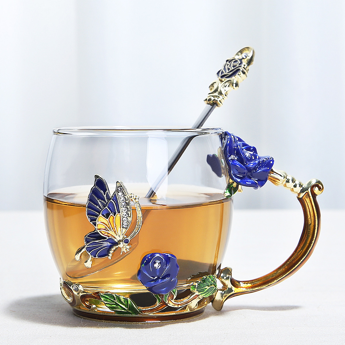 珐琅彩花茶杯玻璃茶杯玻璃杯牛奶杯咖啡杯泡茶杯杯子女士玻璃水杯