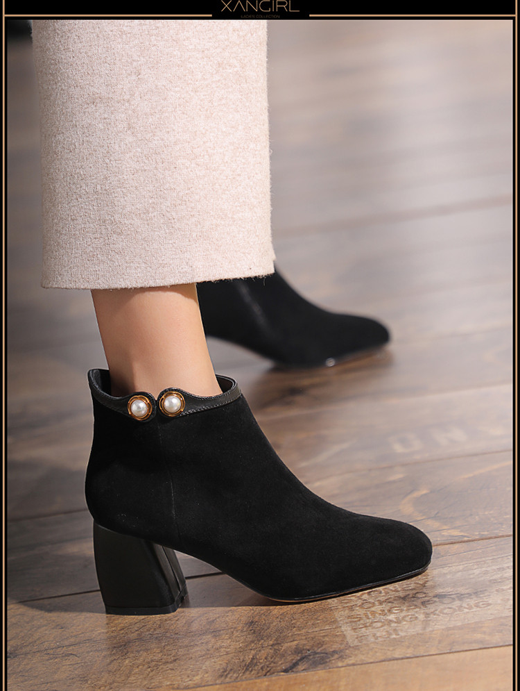 【保暖绒里】香阁儿冬季女鞋短靴新款春秋女靴短靴中跟粗跟圆头羊反绒