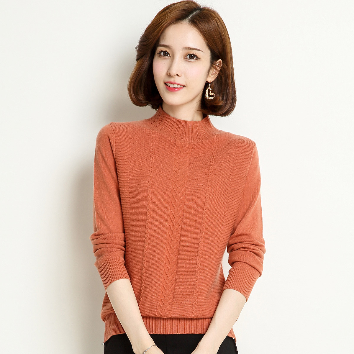 2019新款女士休闲半高领套头针织打底衫毛衣100%女式羊毛衫