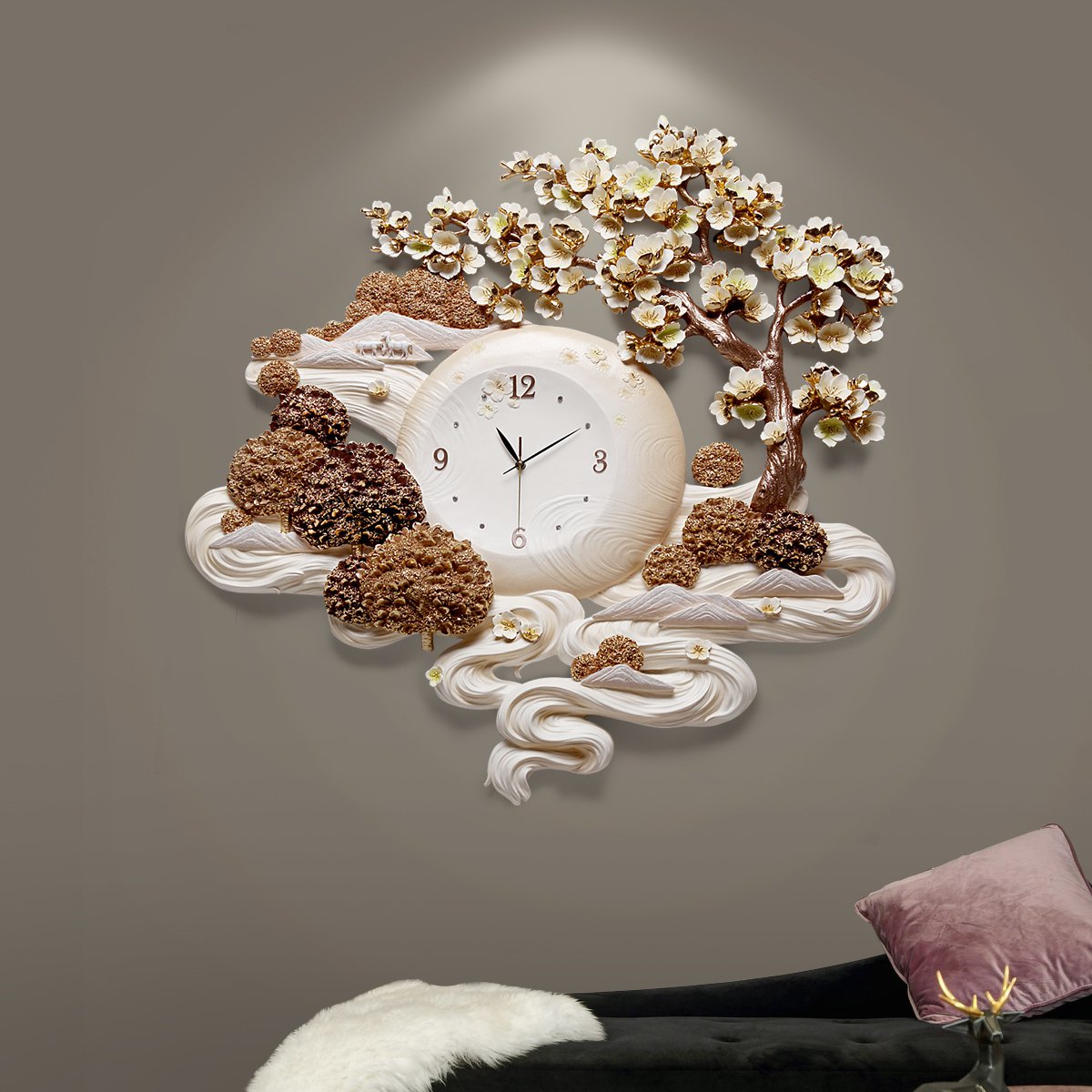 现代简约浮雕创意时钟浪漫艺术石英钟客厅卧室静音时钟客厅钟表
