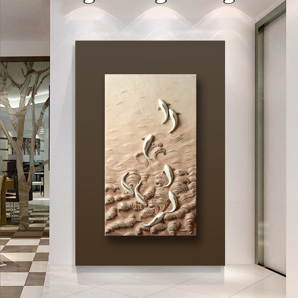 玄关画九鱼图客厅走廊过道立体浮雕画背景墙壁画立体竖版装饰画
