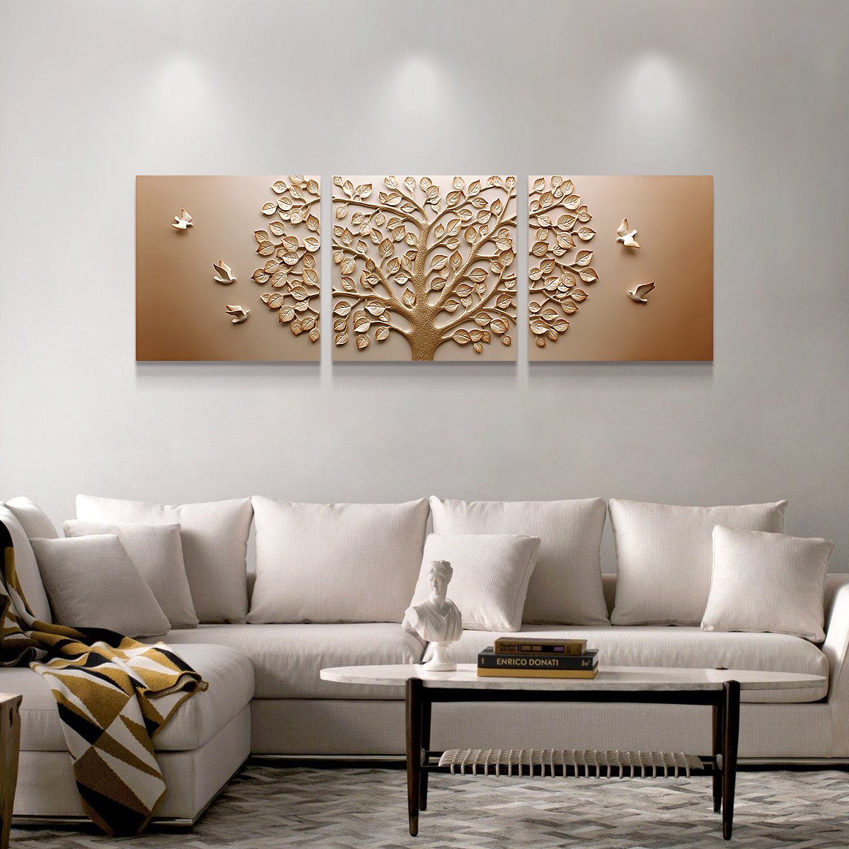 3d立体浮雕三联画发财树沙发背景墙装饰客厅挂画现代简约壁画客厅装饰