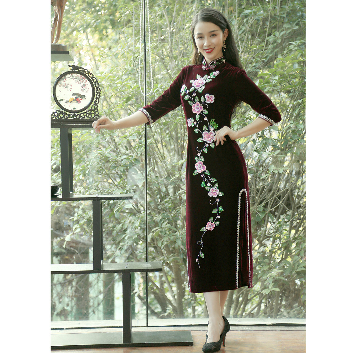 雀之恋崔万志2018秋冬新款复古改良中袖旗袍连衣裙日常长款旗袍裙女