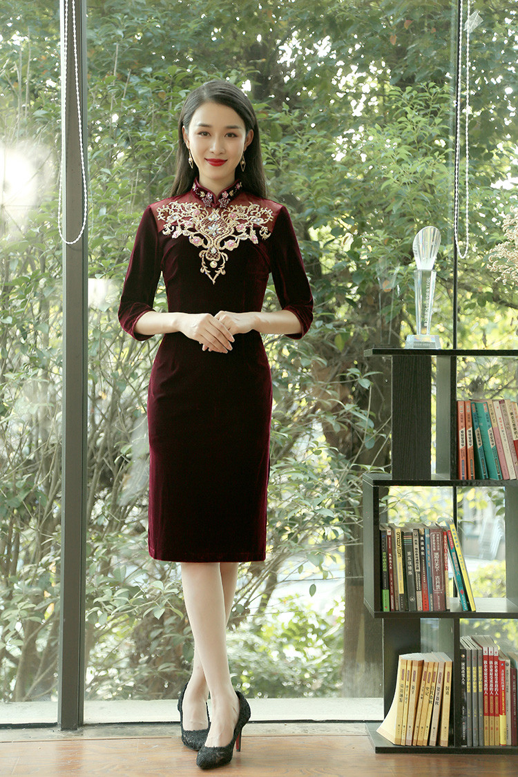 雀之恋崔万志2018秋冬新款改良修身中袖旗袍连衣裙日常短款旗袍裙女