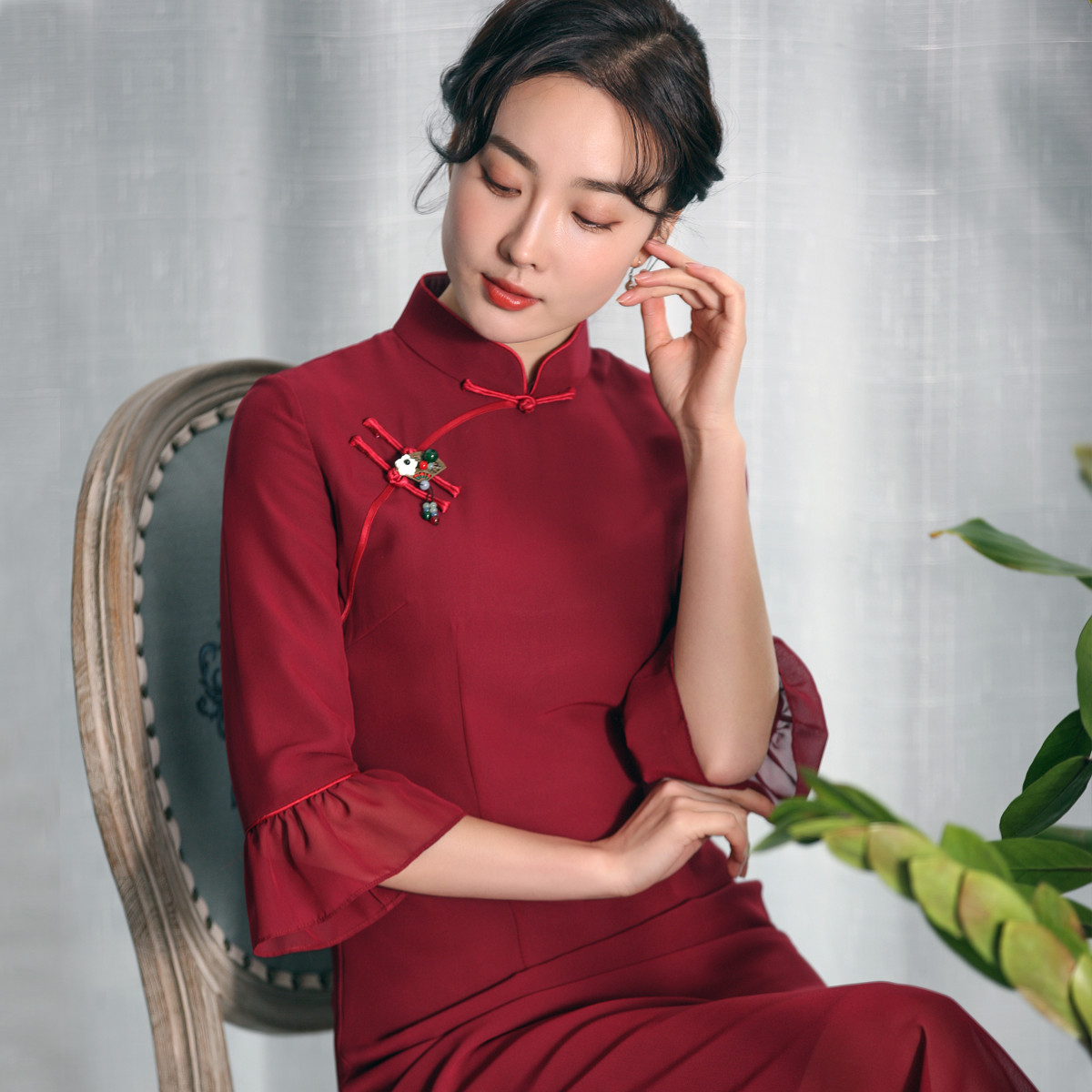 崔万志2019新款改良日常旗袍雪纺七分袖年轻旗袍连衣裙女