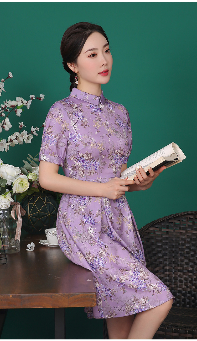 2021年秋季款改良翻领中袖印花年轻款旗袍连衣裙女