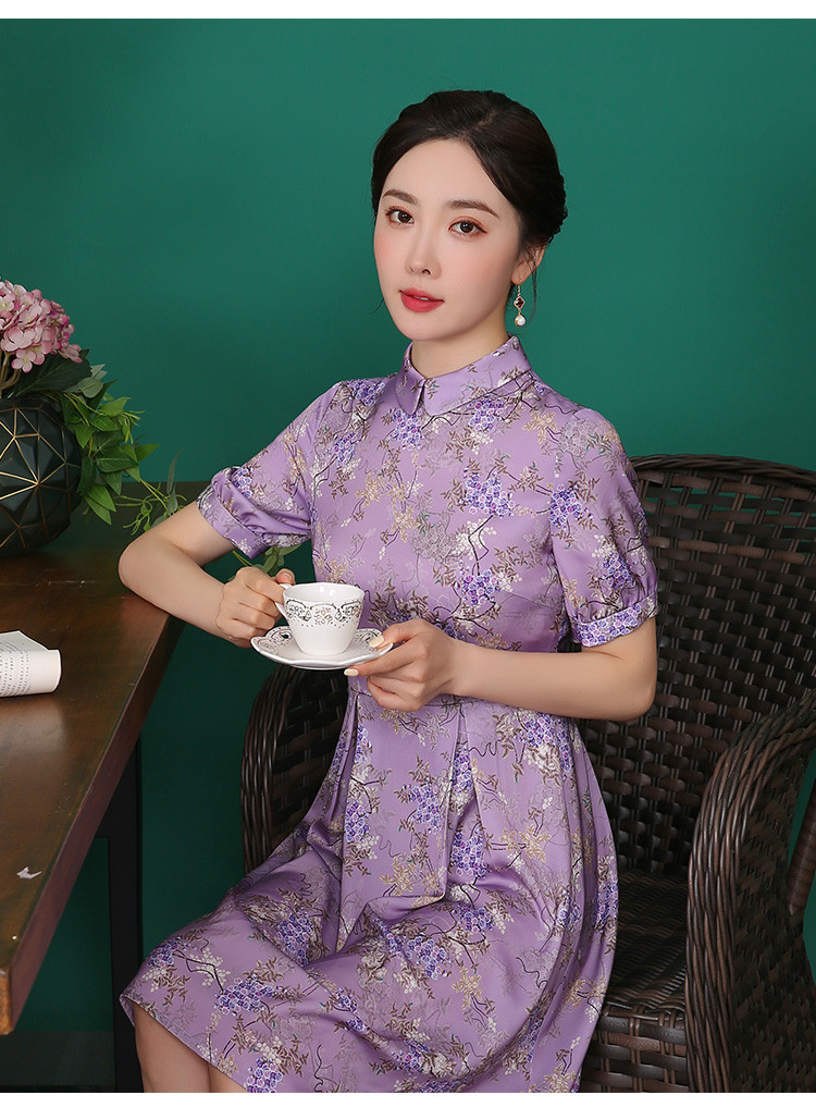 2021年秋季款改良翻领中袖印花年轻款旗袍连衣裙女