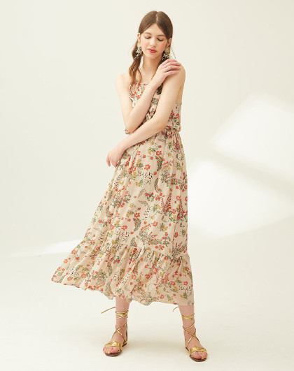 爱客2018夏装新款挂脖式花色吊带连衣裙雪纺鱼尾裙女