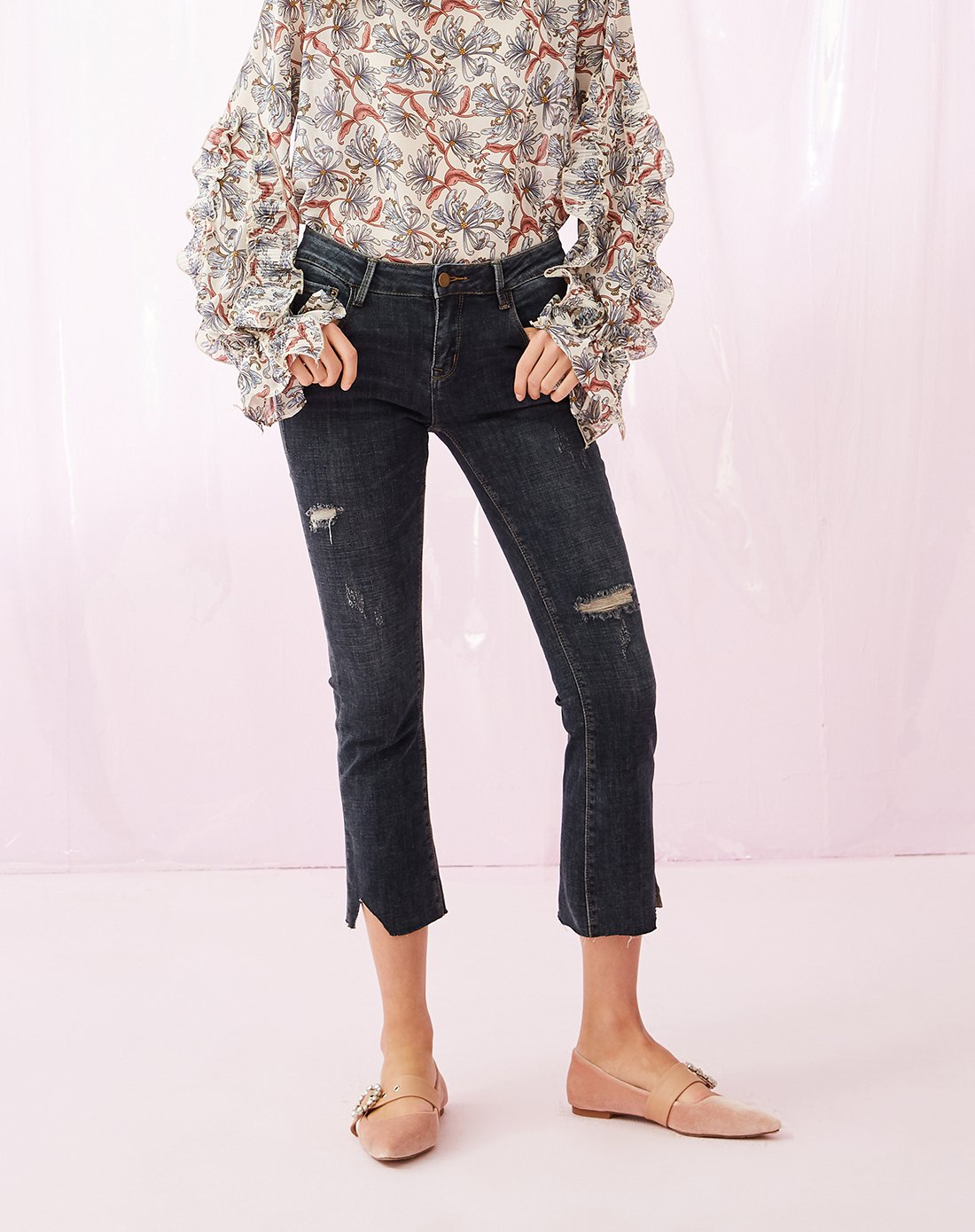 aike爱客2018春装新款显瘦破洞九分牛仔裤女修身小脚裤