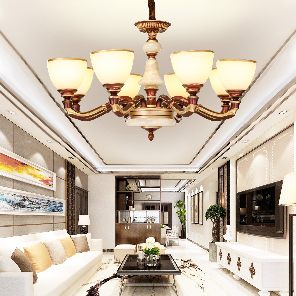 轻奢大气玉石灯美式吊灯新中式吊灯现代灯中式吊灯后现代灯欧式玉石