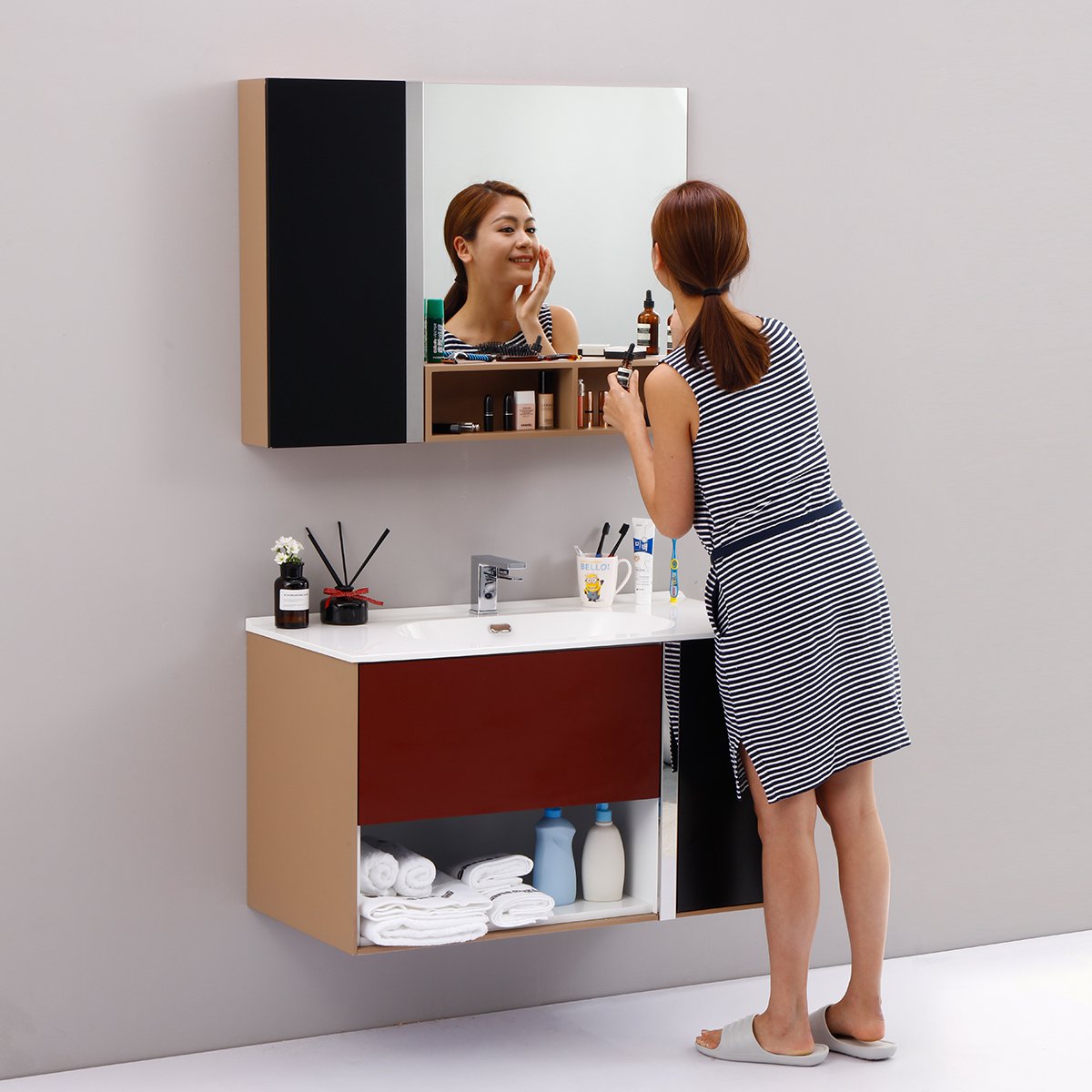 欧路莎色彩系列浴室柜组合现代简约挂墙式实木洗脸盆柜卫生间洗漱台