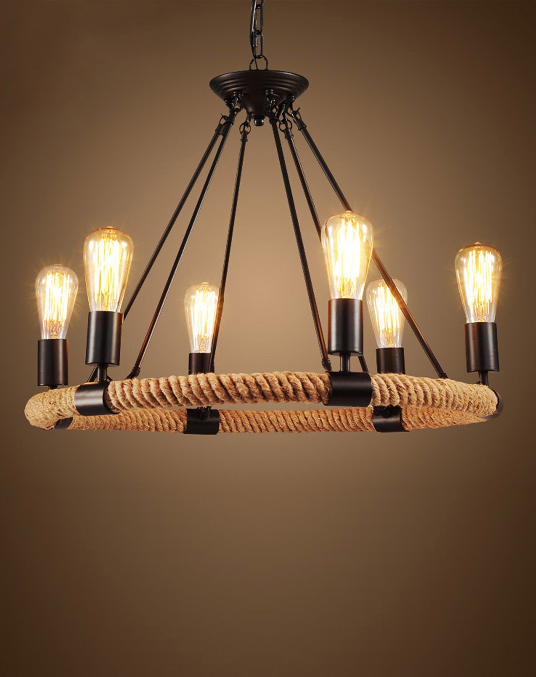 美式乡村复古麻绳铁艺吊灯装饰个性创意麻绳圈吊灯