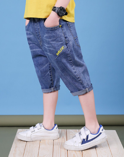 童装男童裤子2019夏季新款字母印花牛仔裤中大儿童潮裤中裤