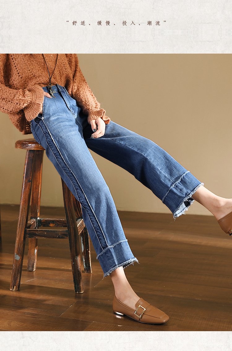 2019春季女装简约流苏宽松韩版显瘦高腰阔腿牛仔裤九分裤子女