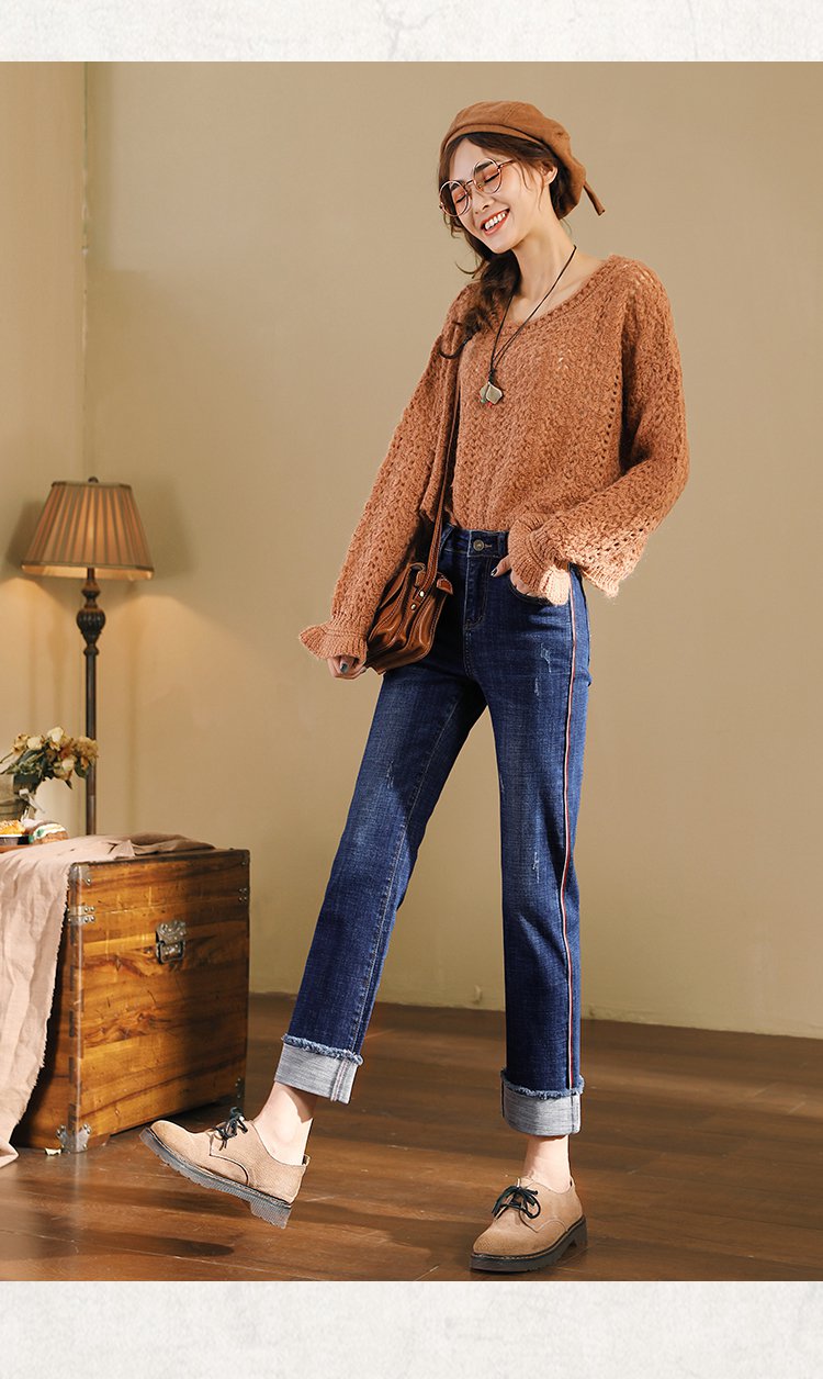 高腰直筒牛仔裤女春新款简约条纹毛边可翻边宽松显瘦九分阔腿裤子