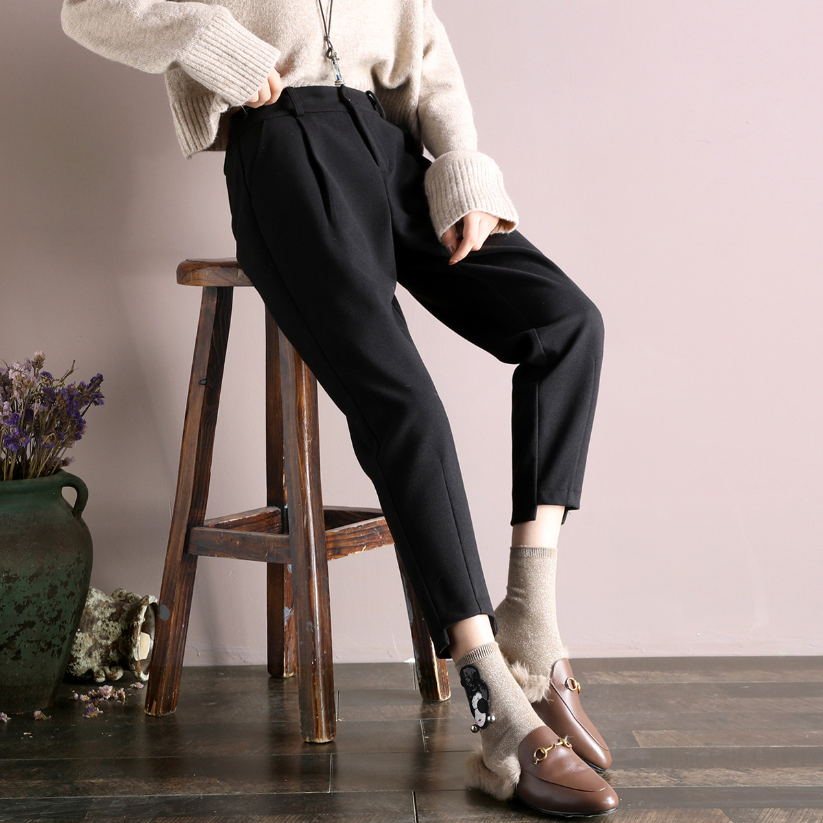 嬉皮少女2018冬季新款休闲裤百搭女式休闲九分裤中腰显瘦宽松舒适简约