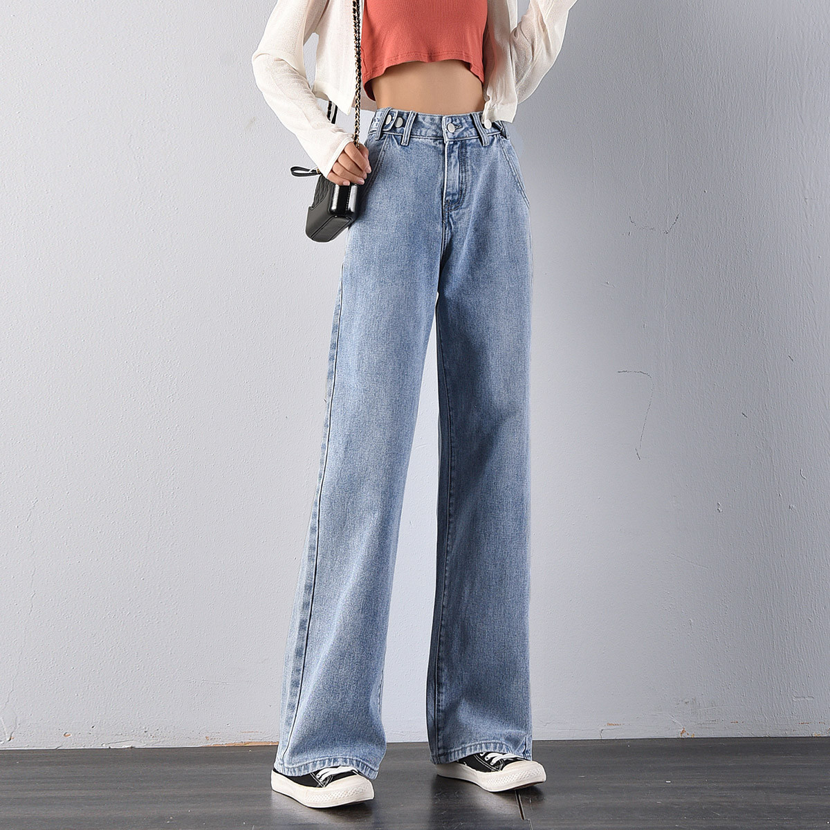 高腰阔腿牛仔裤女春新款调节腰袢泫雅风拖地裤宽松显瘦直筒长裤子