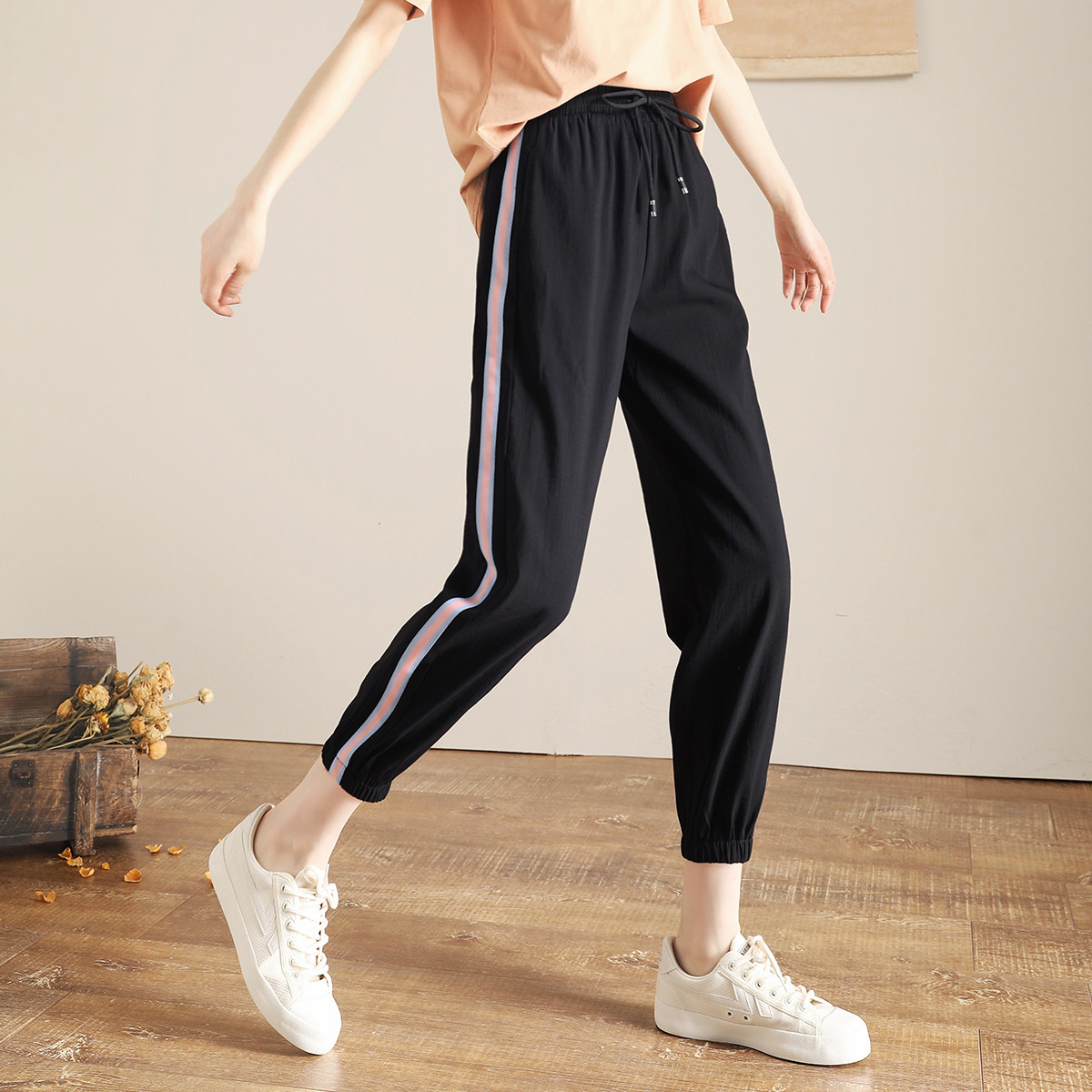 运动裤女夏季撞色织带抽绳松紧腰宽松九分束脚哈伦裤子--唯品会-惠