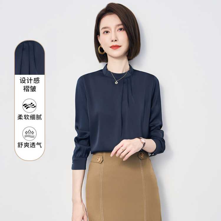 罗蒙 【设计感褶皱】圆领气质长袖衬衫女商务休闲通勤质感纯色女士衬衣