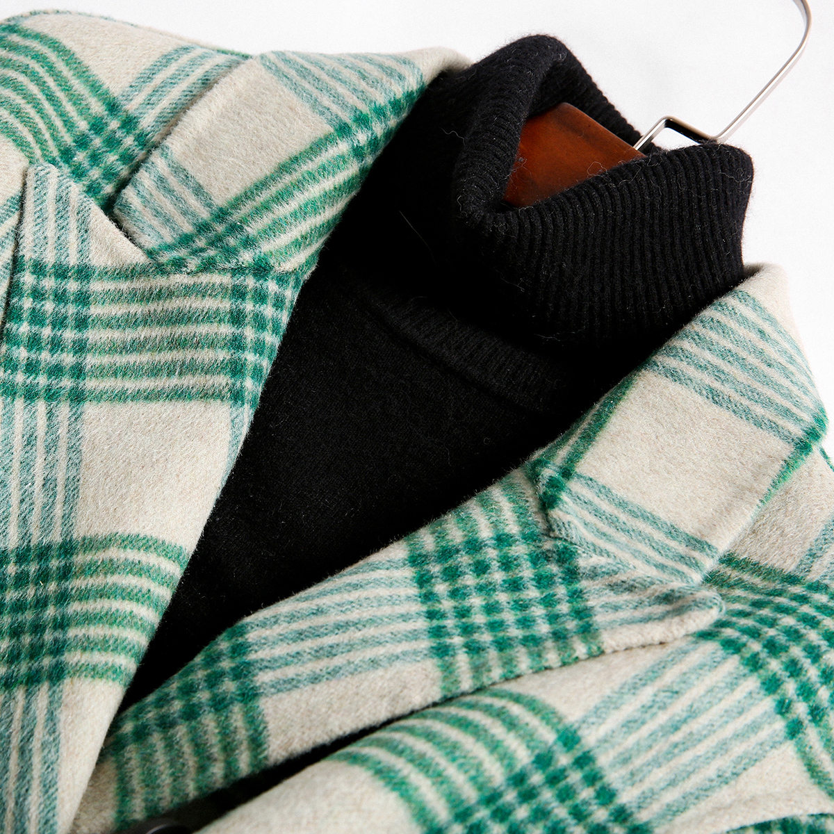 新潮流绿格子系腰带中长款双面呢新款大衣女