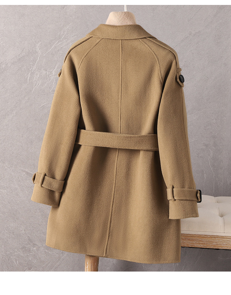 20秋冬新品翻领插肩袖收腰100%羊毛女式双面呢大衣中长款外套