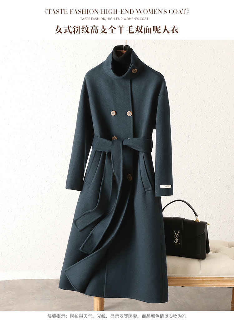 100%羊毛口袋双排扣女式立领长袖中长款双面呢大衣
