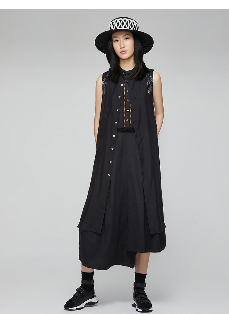 initial圆领不对称下摆无袖收腰连衣裙女