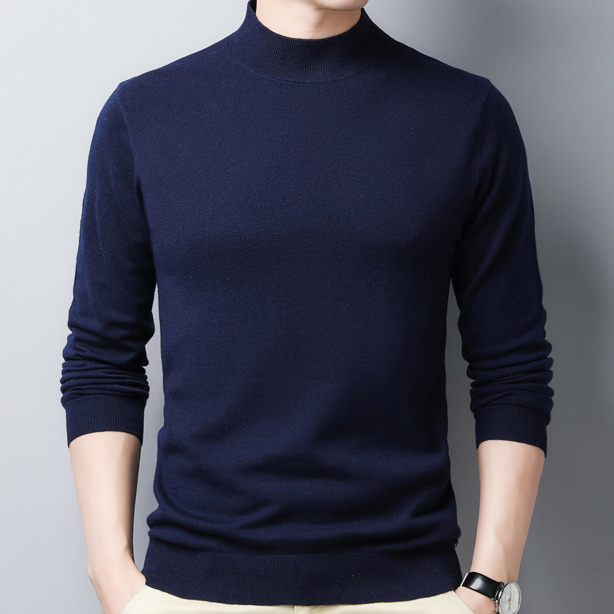 半高领100%羊毛男式全羊毛针织保暖男士羊毛衫