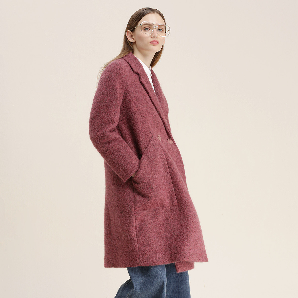 商场同款原创冬季设计师文艺时尚休闲宽松翻领o型中长大衣