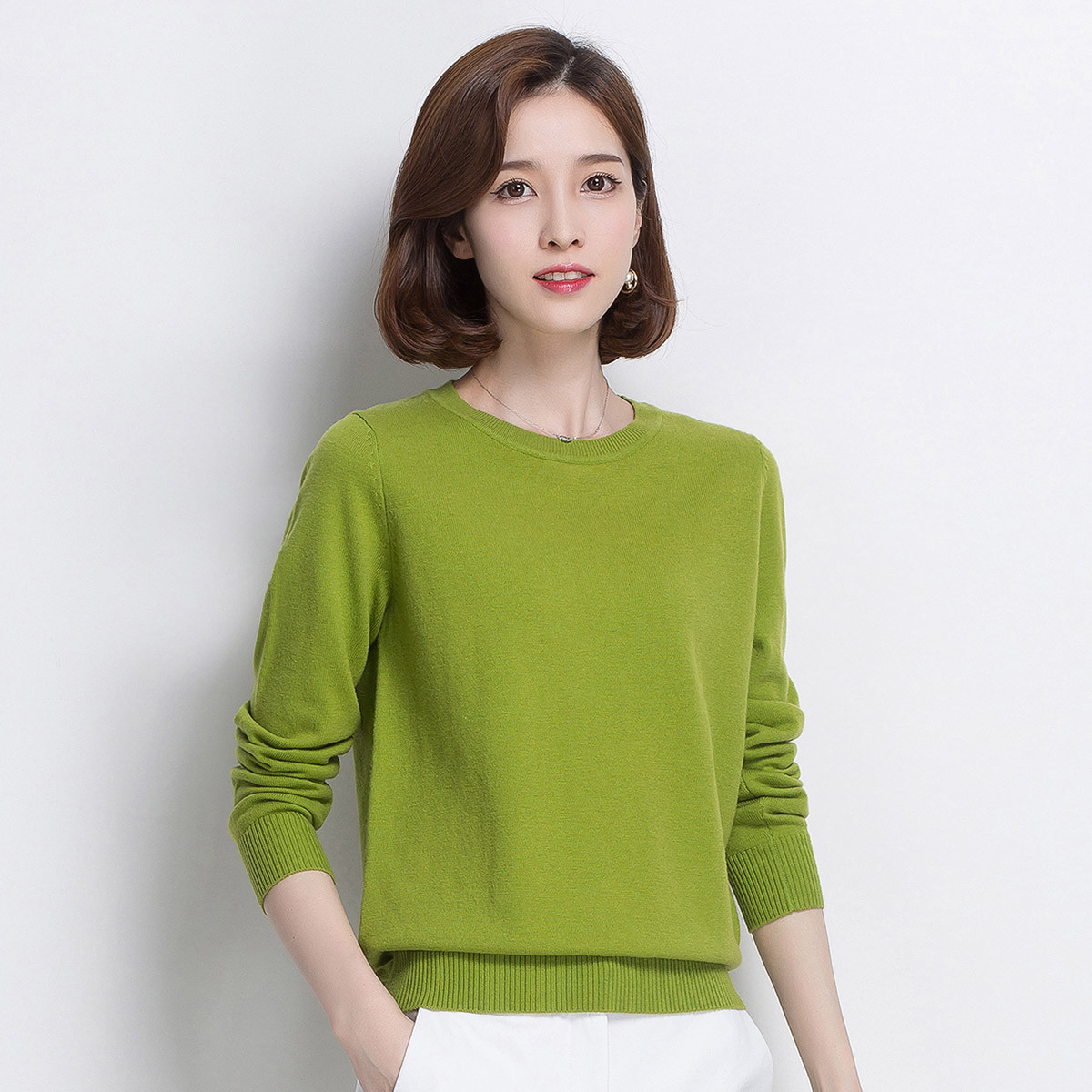 恒源祥女士羊毛衫春圆领针织衫2019新款纯色套头打底毛衣