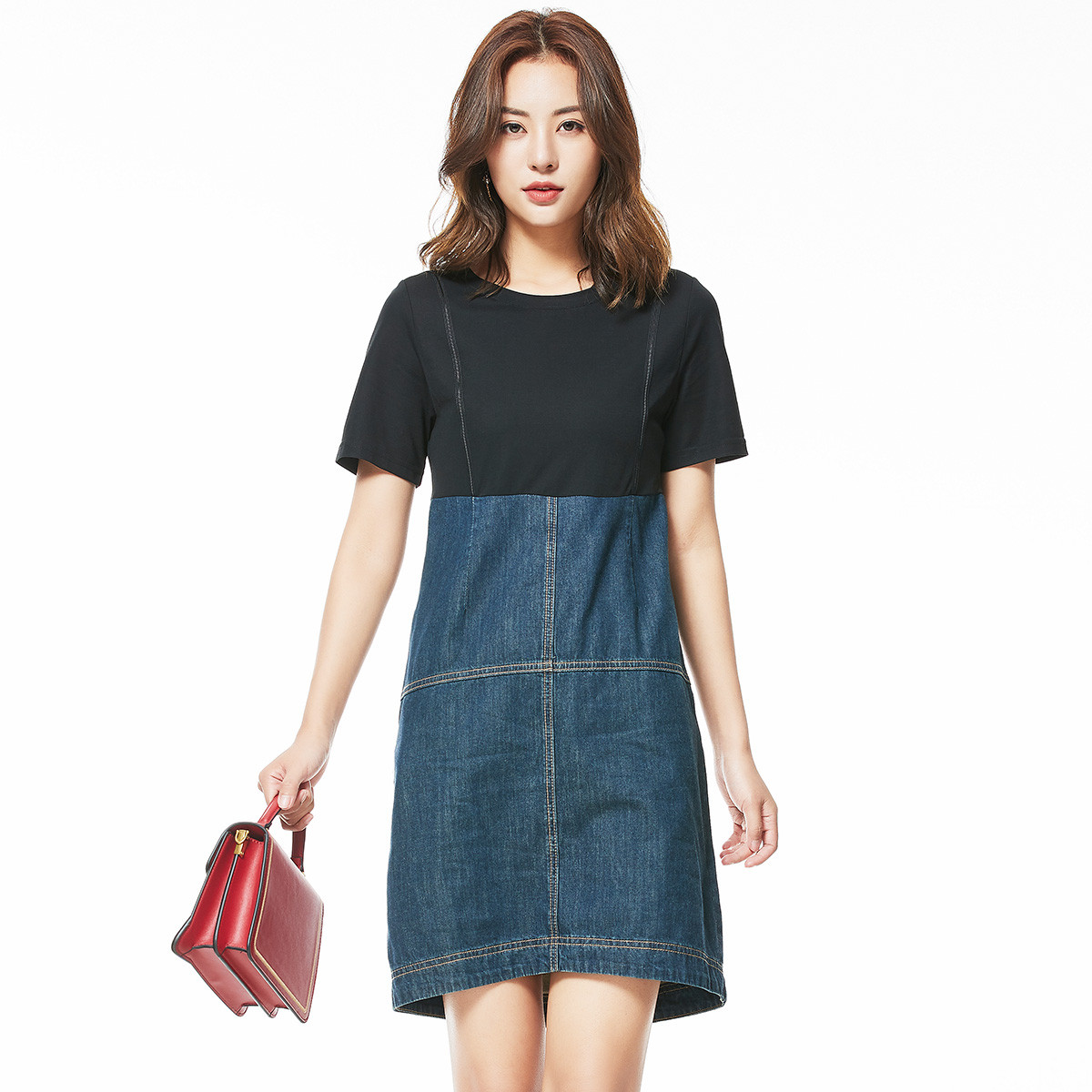 迪卡轩/dekashell2020年夏新款拼色宽松圆领短袖女中长款连衣裙