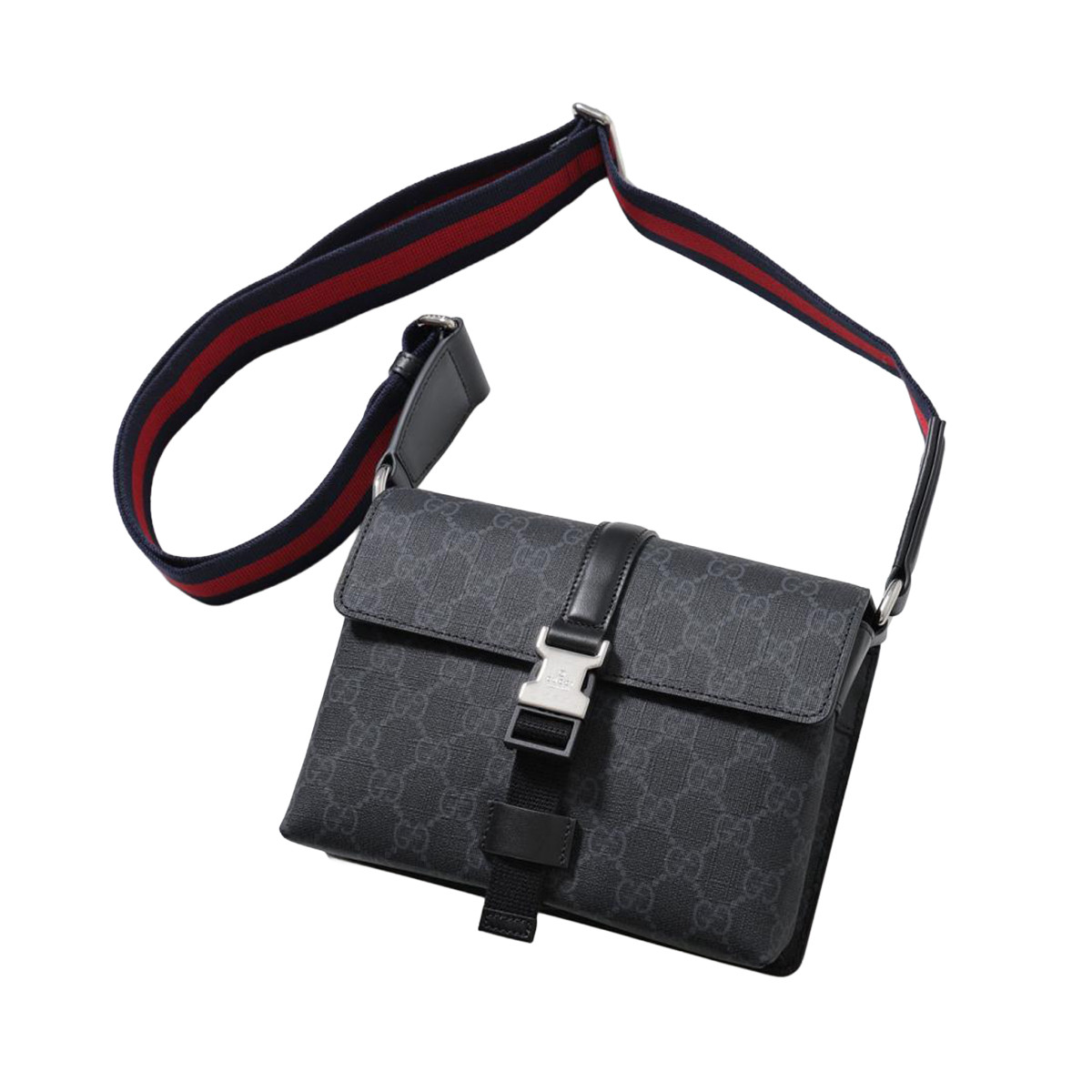 GUCCI 【GG迷你皮革小方包】男士logo印花红蓝织带肩带斜跨包