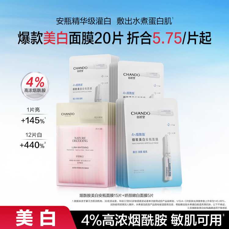 自然堂 【美白提亮】4%烟酰胺娇颜面膜20片淡斑补水粉琉璃祛斑去斑