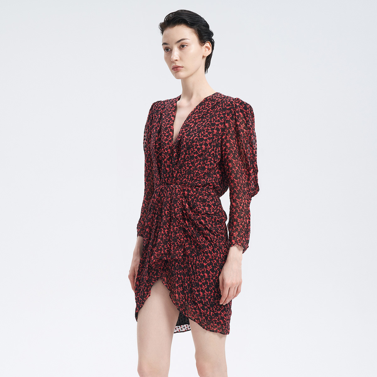 春夏碎花垫肩羊腿袖深v领连衣裙