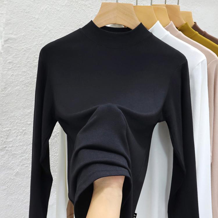 莫代尔 洋气打底衫女内搭西装秋冬季白色小立领半高领修身长袖T恤上衣