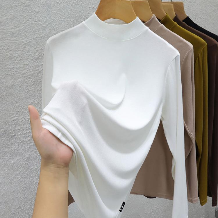 莫代尔 洋气打底衫女内搭西装秋冬季白色小立领半高领修身长袖T恤上衣