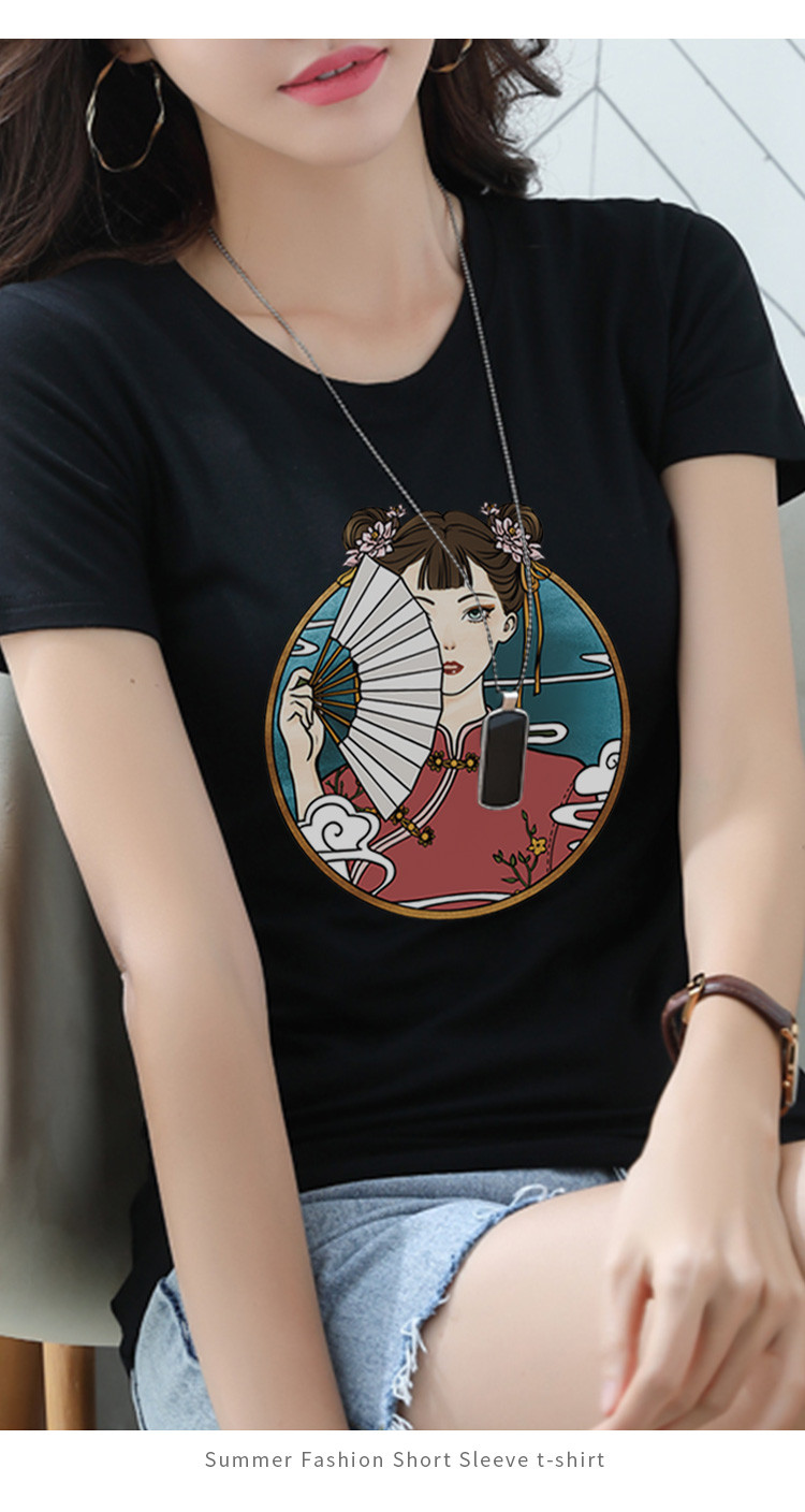 短袖女时尚休闲国风女扇子遮脸韵味百搭潮流女上衣t恤