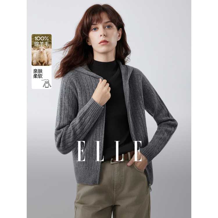 ELLE 保暖隔热层羊毛针织衫秋季款慵懒松弛精致绞花毛衣