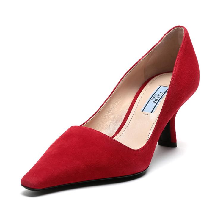 Prada 女士绒面皮革高跟鞋6.5cm In Red