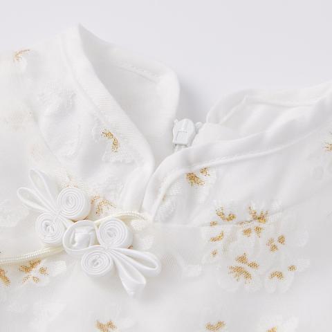 迪士尼 女童夏季中国风汉服裙中大童透气碎花连衣裙儿童泡泡袖收腰礼服裙 图片 8