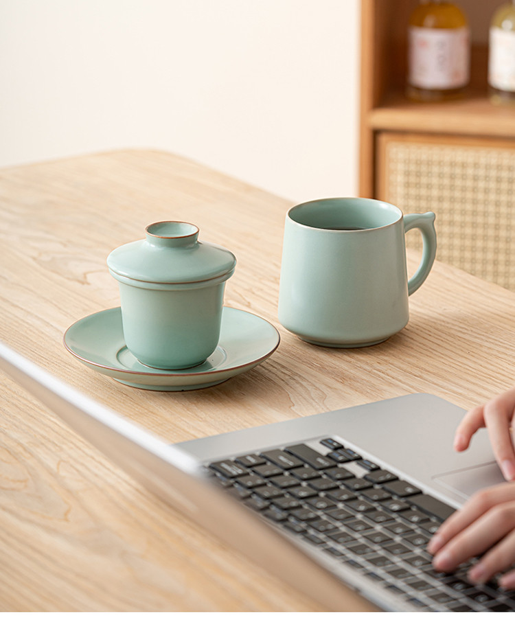 汝窑四件套办公室茶杯天青陶瓷茶水分离杯情侣杯喝茶杯带盖泡茶杯